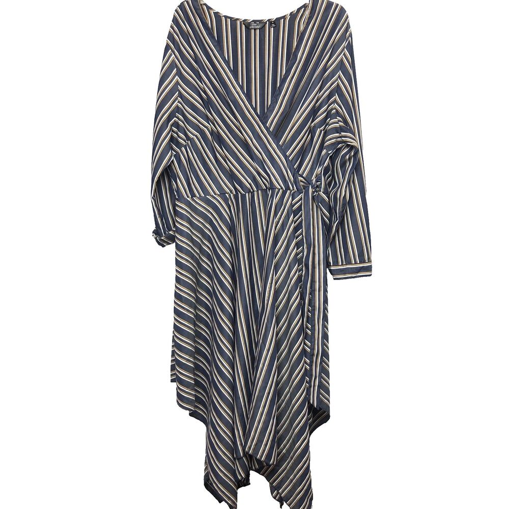 Mlle Gabrielle Dress Womens Plus Size 3X Blue Striped Roll Tab Sleeve Faux Wrap